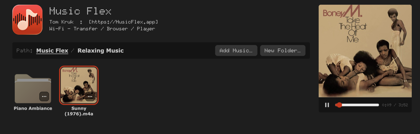 The transfer page open in a desktop browser: a folder of music with album art, a breadcrumb path bar, Add Music and New Folder buttons, and a player panel with cover art and a seek bar.