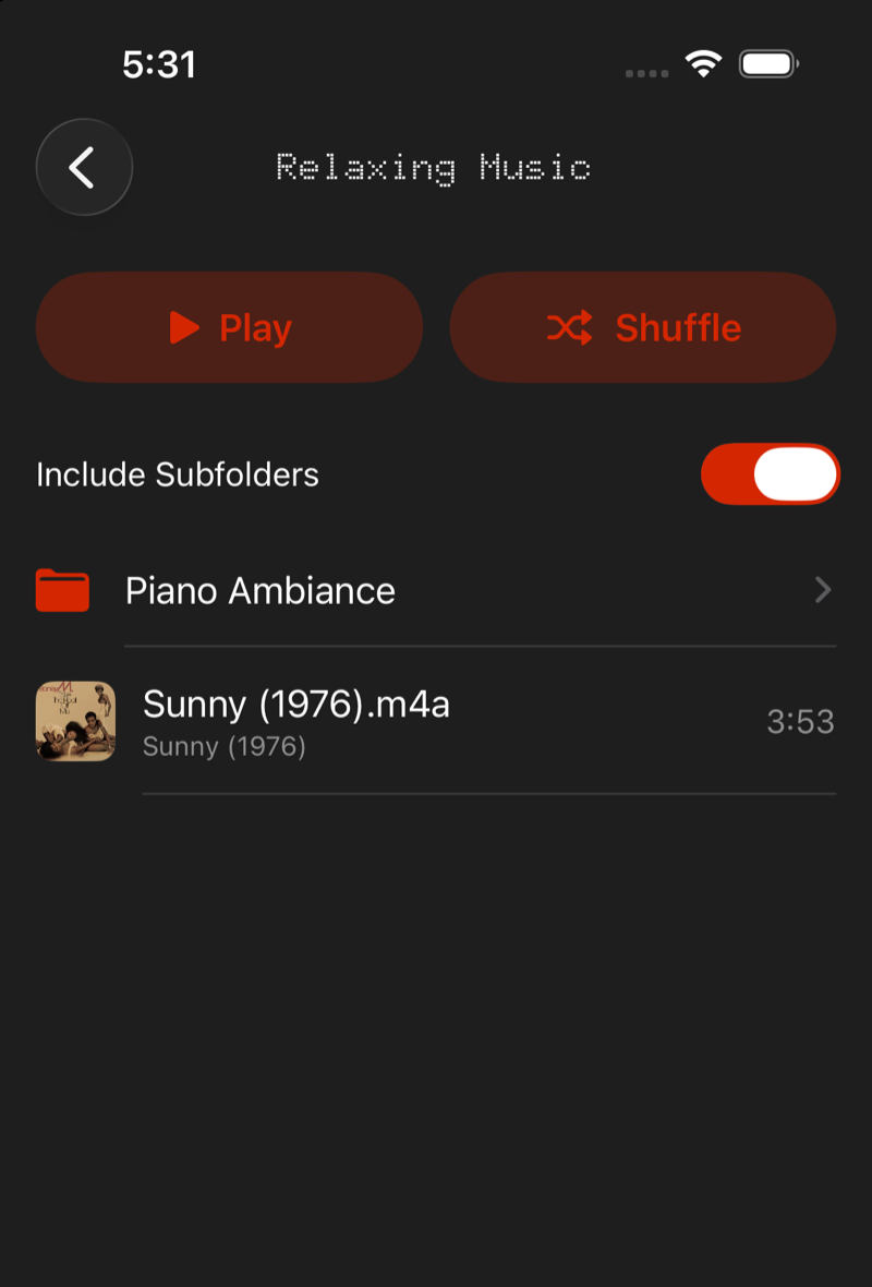 A folder in MusicFlex with Play and Shuffle buttons, an Include Subfolders toggle, a subfolder and a track.