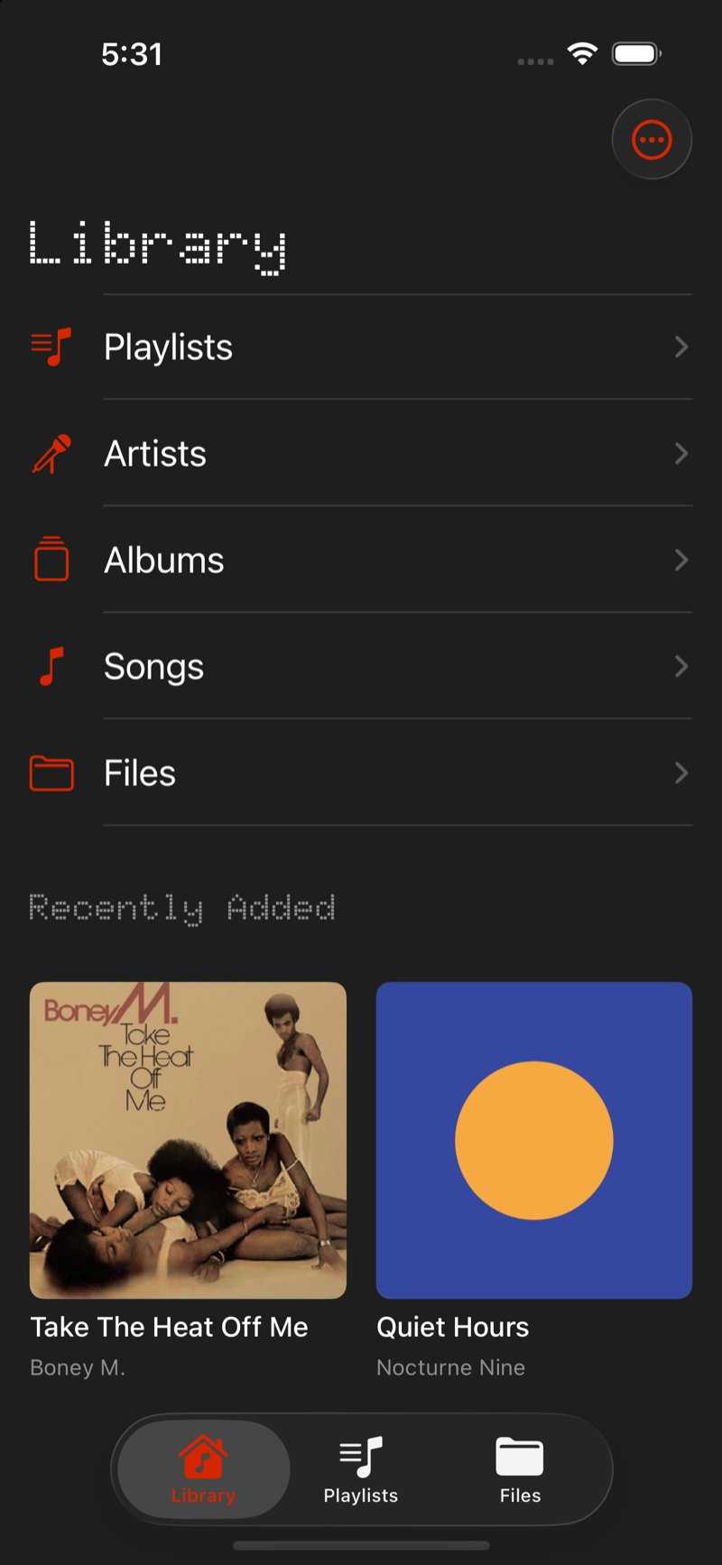 The MusicFlex Library screen: Playlists, Artists, Albums, Songs and Files, with a Recently Added album grid.