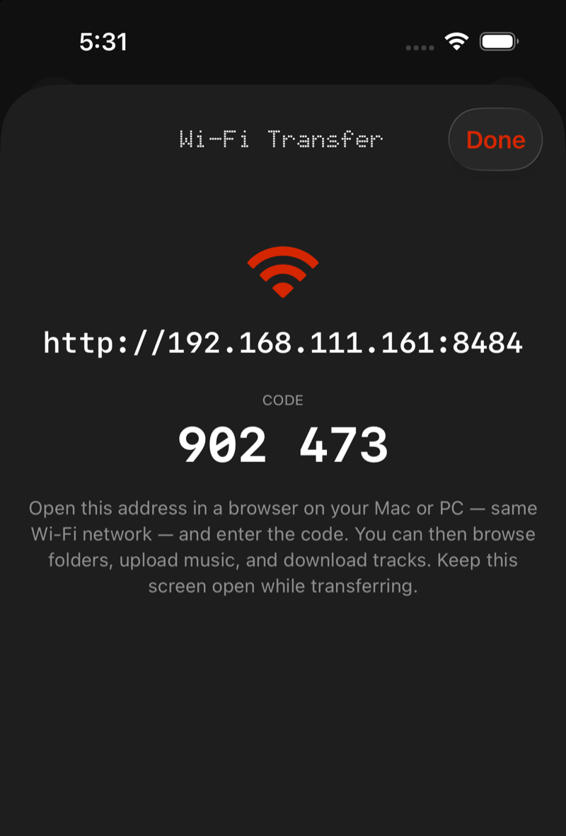 The Wi-Fi Transfer screen on iPhone showing the local address and a six-digit pairing code.