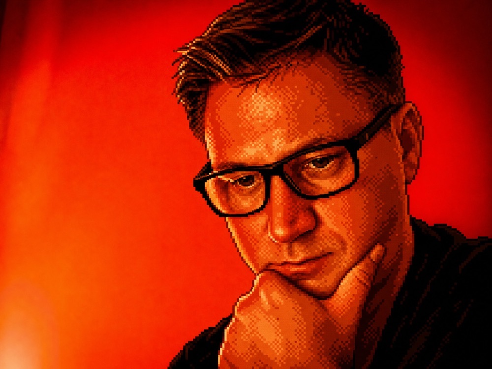 Tom Kruk, photographed under red light in a halftone treatment.